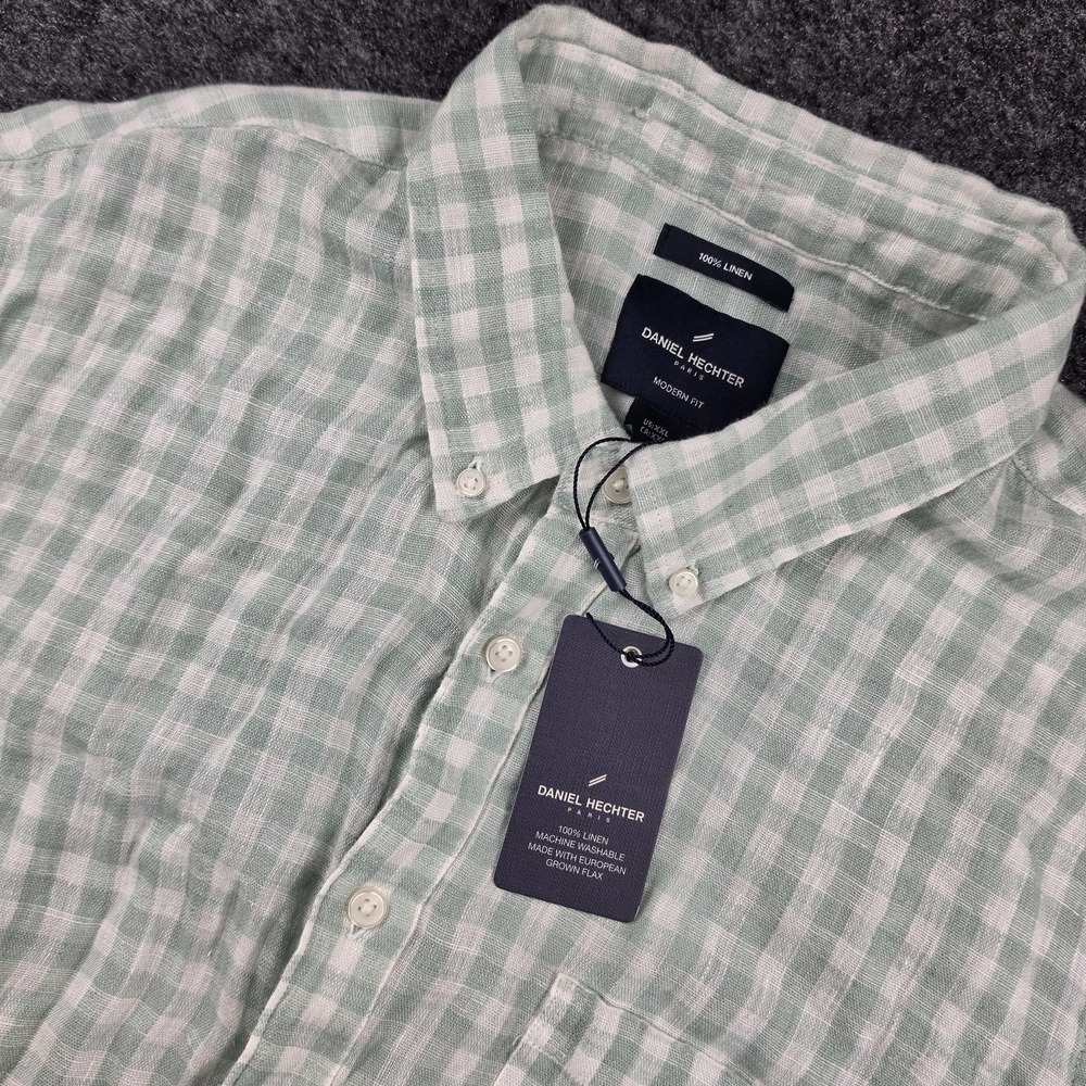 Daniel Hechter Mens XXL Linen Shirt Green White Plaid Short Sleeve Button Down